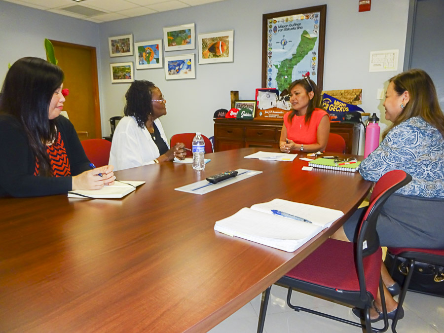 Dr. Gloria Weddington met with the officials from the Guam Department of Education on February 22, 2016 to provide an overview of the Educating Pacific Island Clinicians in Speech Language Pathology (EPICS) Project. Pictured from left to right: Terese Crisostomo, GDOE School Program Consulatnt; Dr. Gloria Weddington, San Jose University; Erika Cruz, GDOE Deputy Superintendent, Educational Support & Community Learning; and Yolanda Gabriel, GDOE Assistant Superintendent, Division of Special Education.