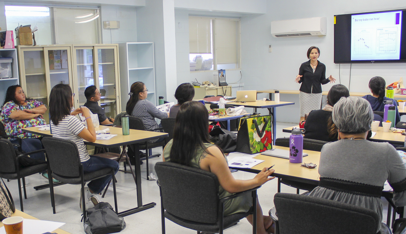 Renee L.G. Koffend, Aud., CCC-A, Guam CEDDERS/ GEHDI consultant (standing at right),spoke before a captive audience of service providers from the Guam Early Intervention System (GEIS) on August 17, 2016 at the GSAT Center.  Dr. Koffend's presentation focused on "Hearing Loss Identification & Rehabilitation.