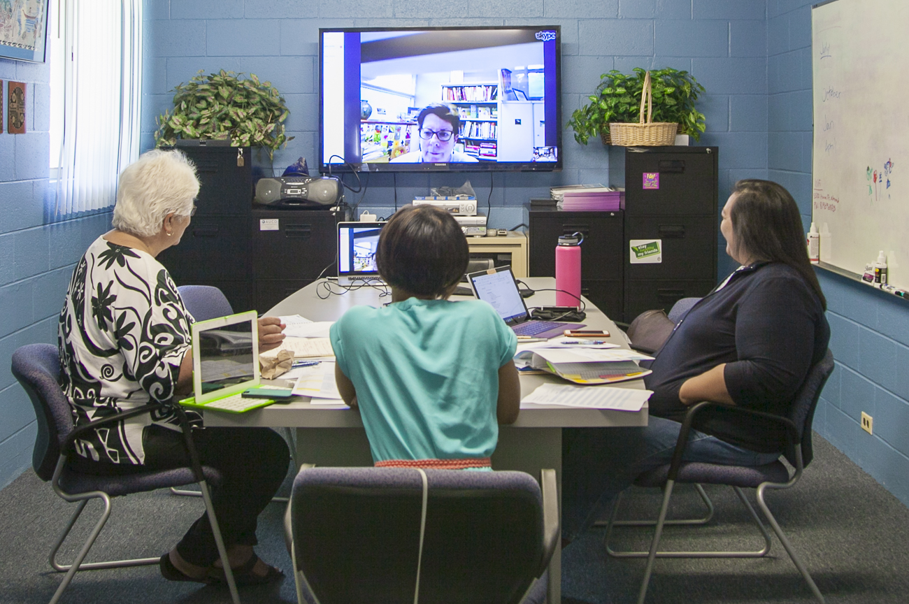 On August 11, Guam CEDDERS facilitated a webinar for GDOE Deaf/Hard of Hearing (D/HH) staff with Cathy Carotta, Ed.D., CCC-SLP, Boys Town National Hospital (on screen), to discuss the draft D/HH Program Manual. Pictured from left to right: Terrie Fejarang, Guam CEDDERS; Camille Gonzales, Itinerant Services Teacher, D/HH Program; and Paula Ulloa, GDOE D/HH Program Coordinator.