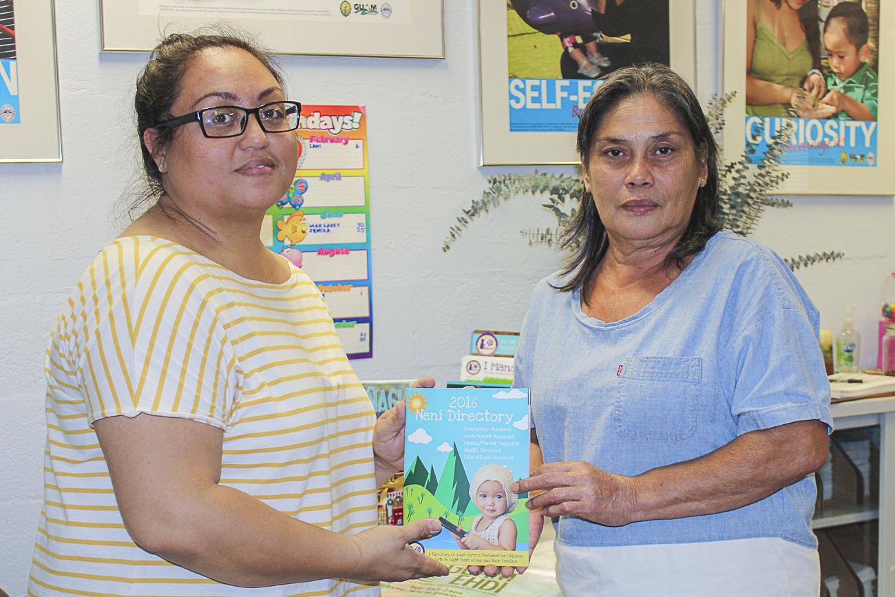 Guam CEDDERS presented 10 copies of the 2016 Neni Directory to Emmercita Reyes on August 22.  Reyes is a counselor at M.U Lujan Elementary School. Pictured from left to right, Emmercita Reyes, M.U Lujan and Ruth Leon Guerrero, Guam CEDDERS/Guam EHDI staff.