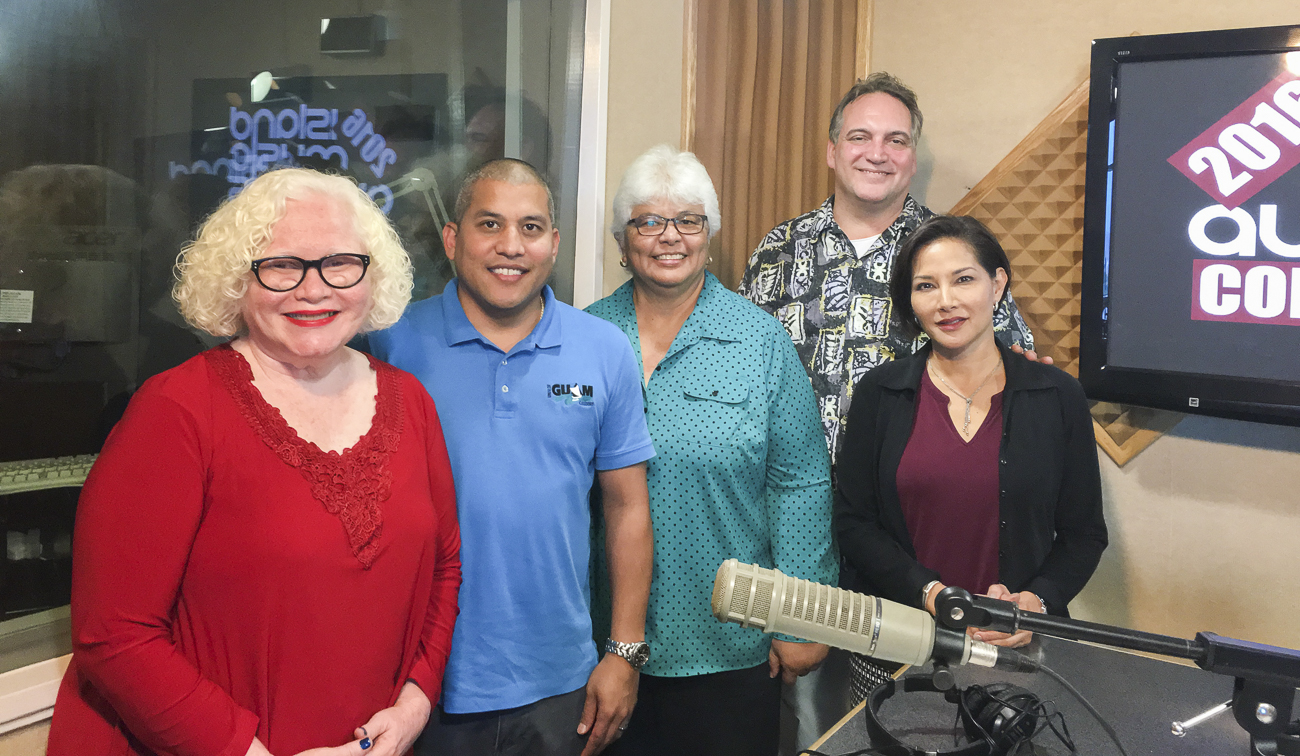Guam CEDDERS personnel were interviewed on K57's Travis Coffman "GMH Healthcare Heroes Series" radio show on August 16 during the late afternoon drive home time segment.  The focus of the interview was on the Guam Early Hearing Detection and Intervention (Guam EHDI) Project.  Pictured from left to right are June Perez, Guam Memorial Hospital Authority (GMHA) Program Coordinator and Co-Host of GMHA HEALTHCARE HEROES SERIES; Joseph John Mendiola, Guam CEDDERS/EHDI, Interoperability Data Specialist; Terrie Fejarang, Guam CEDDERS/EHDI Project Coordinator; Travis Coffman, K57 Talk Show Radio Host; and Renee L.G. Koffend, AuD., CCC-A, Guam CEDDERS/EHDI Audiology Consultant.