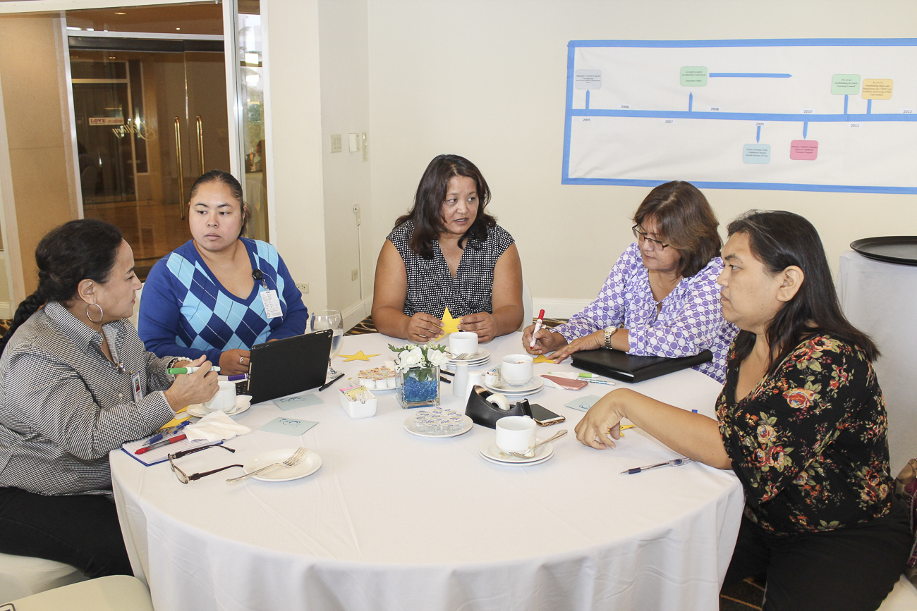 Pauline Camacho and Lizzy Calvo, Karinu; Pat Mantanona, Guam Early Intervention System; Cathy Tydingco Part B Preschool; and Jolene Dagame, Parent, talk about successes and challenges in early childhood over the last 10 years during the Project Tinituhon Strategic Management Team Meeting on July 28.